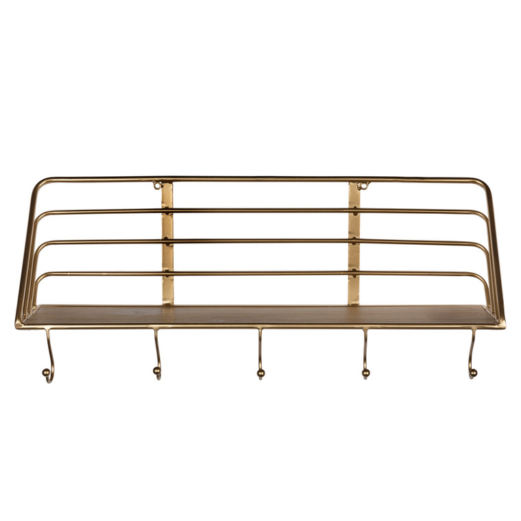 Homeroots Stratton Home Decor Gold Metallic Metal Wall Shelf With Hooks 380774