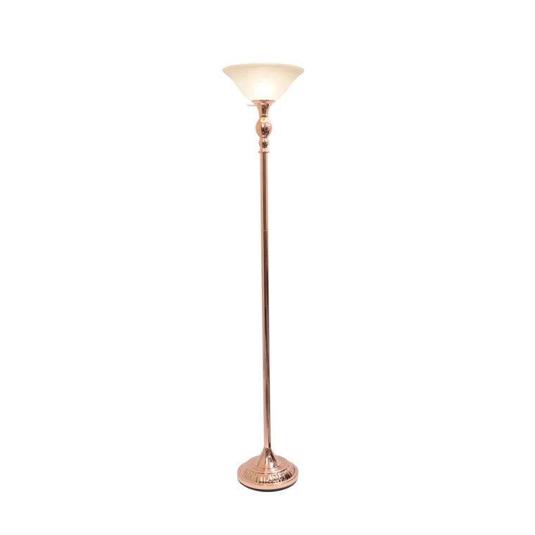Elegant Designs 1 Light Torchiere Floor Lamp With Marbleized White Glass Shade, Rose Gold LF2001-RGD