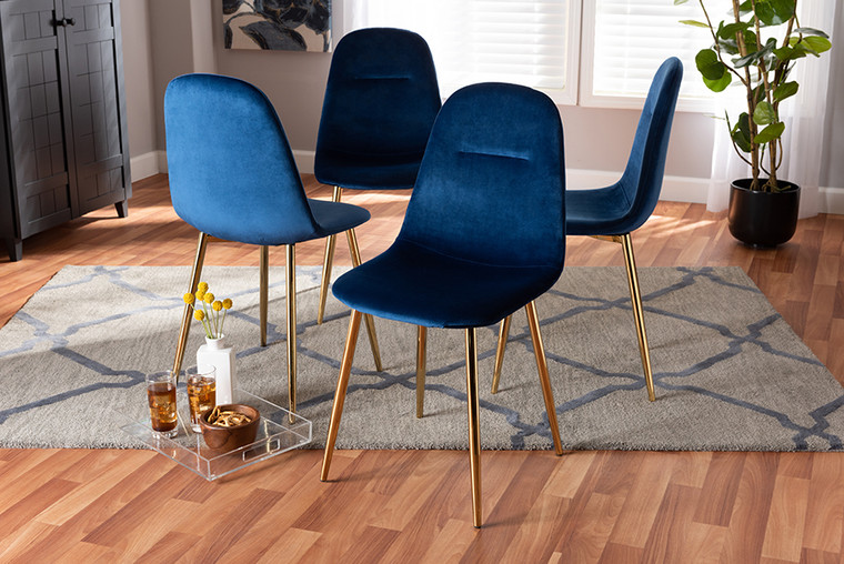 Baxton Studio Elyse Glam And Luxe Navy Blue Velvet Fabric Upholstered Gold Finished 4-Piece Metal Dining Chair Set DC150-Navy Blue Velvet/Gold-DC