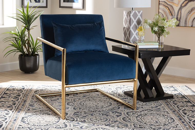 Baxton Studio Mira Glam And Luxe Navy Blue Velvet Fabric Upholstered Gold Finished Metal Lounge Chair TSF-60458-Navy Velvet/Gold-CC
