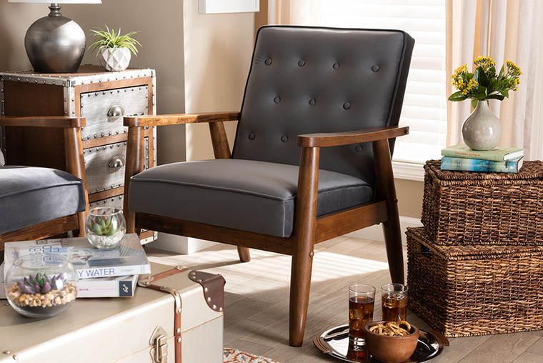 Baxton Studio Sorrento Mid-Century Modern Grey Velvet Fabric Upholstered Walnut Finished Wooden Lounge Chair BBT8013-Grey Velvet/Walnut-CC