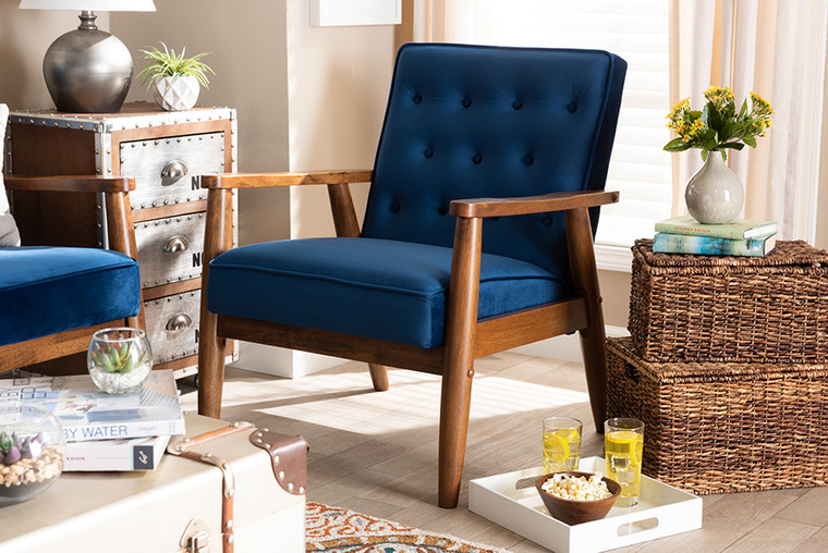Baxton Studio Sorrento Mid-Century Modern Navy Blue Velvet Fabric Upholstered Walnut Finished Wooden Lounge Chair BBT8013-Navy Velvet/Walnut-CC
