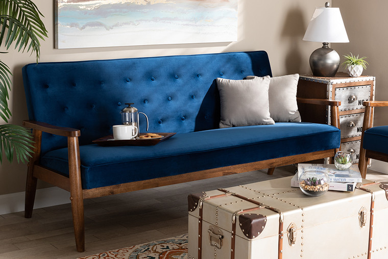 Baxton Studio Sorrento Mid-Century Modern Navy Blue Velvet Fabric Upholstered Walnut Finished Wooden 3-Seater Sofa BBT8013-Navy Velvet/Walnut-SF