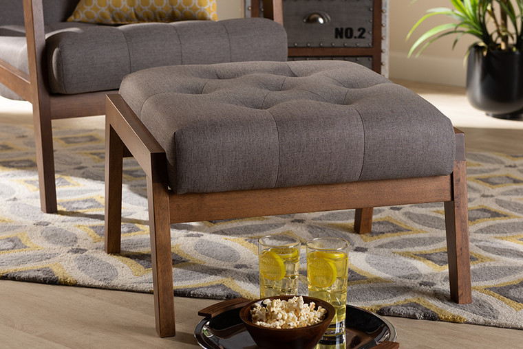 Baxton Studio Naeva Mid-Century Modern Grey Fabric Upholstered Walnut Finished Wood Footstool BBT8040-Grey/Walnut-Footstool