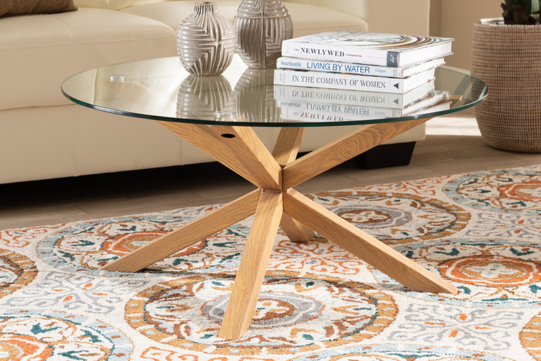 Baxton Studio Lida Modern And Contemporary Glass And Wood Finished Coffee Table Panama-Clear/Natural-CT