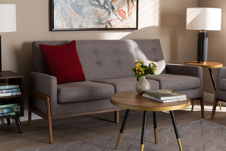 Baxton Studio Perris Mid-Century Modern Light Grey Fabric Upholstered Walnut Finished Wood Sofa BBT8042-Grey/Walnut-SF