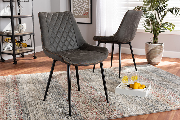 Baxton Studio Loire Modern And Contemporary Grey And Brown Faux Leather Upholstered Black Finished 2-Piece Dining Chair Set T-18213-Greyish Brown/Black-DC