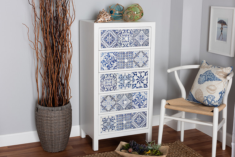 Baxton Studio Alma Spanish Mediterranean Inspired White Wood And Blue Floral Tile Style 5-Drawer Accent Storage Cabinet JY215-White-5DW-Cabinet