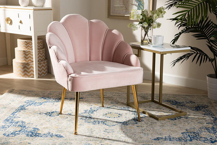 Baxton Studio Cinzia Glam And Luxe Light Pink Velvet Fabric Upholstered Gold Finished Seashell Shaped Accent Chair TSF-6665-Light Pink/Gold-CC