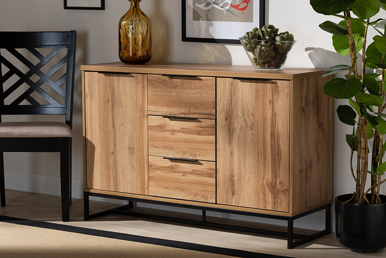 Baxton Studio Reid Modern And Contemporary Industrial Oak Finished Wood And Black Metal 3-Drawer Sideboard Buffet MPC8007-Oak/Black-Sideboard