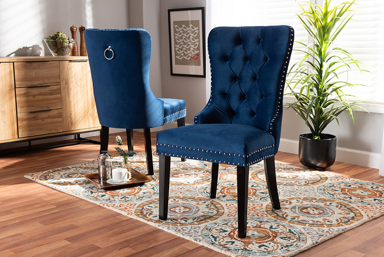 Baxton Studio Remy Modern Transitional Navy Blue Velvet Fabric Upholstered Espresso Finished 2-Piece Wood Dining Chair Set Set WS-F458-Navy Blue Velvet/Espresso-DC