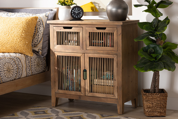 Baxton Studio Clement Rustic Transitional Medium Oak Finished 2-Door And 2-Drawer Wood Spindle Accent Storage Cabinet LD19A006-Medium Oak-Cabinet