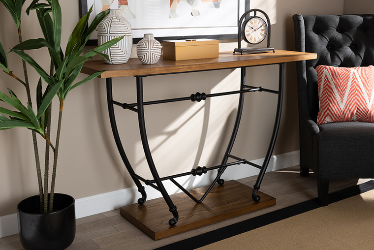 Baxton Studio Leigh Vintage Rustic Industrial Distressed Wood And Black Metal Finished Entryway Console Table YLX-9096