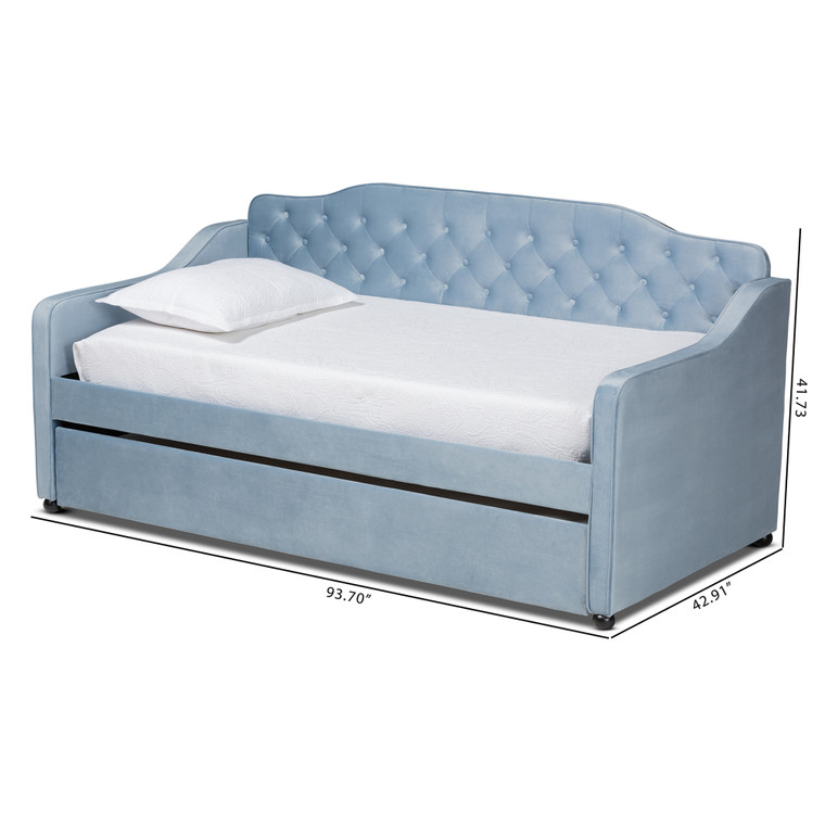 Baxton Studio Freda Traditional And Transitional Light Blue Velvet Fabric Upholstered And Button Tufted Twin Size Daybed With Trundle Freda-Light Blue Velvet-Daybed-T/T