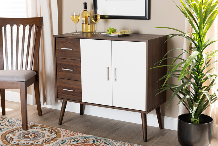 Baxton Studio Leena Mid-Century Modern Two-Tone White And Walnut Brown Finished Wood 3-Drawer Sideboard Buffet CA 5790-00-Columbia/White-Sideboard