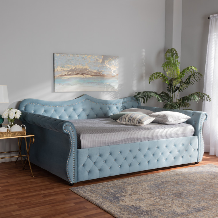 Baxton Studio Abbie Traditional And Transitional Light Blue Velvet Fabric Upholstered And Crystal Tufted Full Size Daybed Abbie-Light Blue Velvet-Daybed-Full