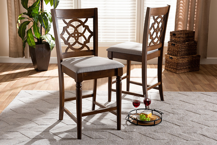 Baxton Studio Oscar Modern And Contemporary Grey Fabric Upholstered And Walnut Brown Finished Wood 2-Piece Counter Height Pub Chair Set RH322P-Grey/Walnut-PC