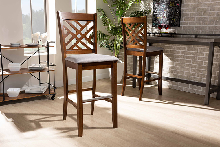 Baxton Studio Jason Modern And Contemporary Grey Fabric Upholstered And Walnut Brown Finished Wood 2-Piece Bar Stool Set RH317B-Grey/Walnut-BS