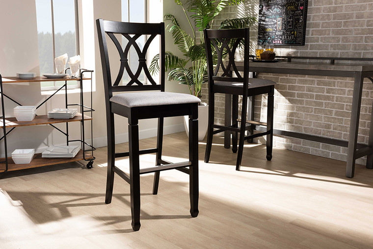 Baxton Studio Calista Modern And Contemporary Grey Fabric Upholstered And Espresso Brown Finished Wood 2-Piece Bar Stool Set RH316B-Grey/Dark Brown-BS