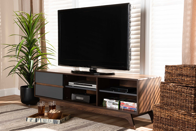 Baxton Studio Koji Mid-Century Modern Two-Tone Grey And Walnut Finished Wood 2-Drawer Tv Stand SE TV90780WI-Columbia/Dark Grey-TV Stand