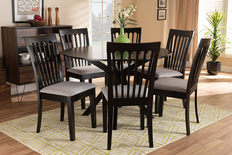 Baxton Studio Lore Modern And Contemporary Grey Fabric Upholstered And Dark Brown Finished Wood 7-Piece Dining Set Lore-Grey/Dark Brown-7PC Dining Set