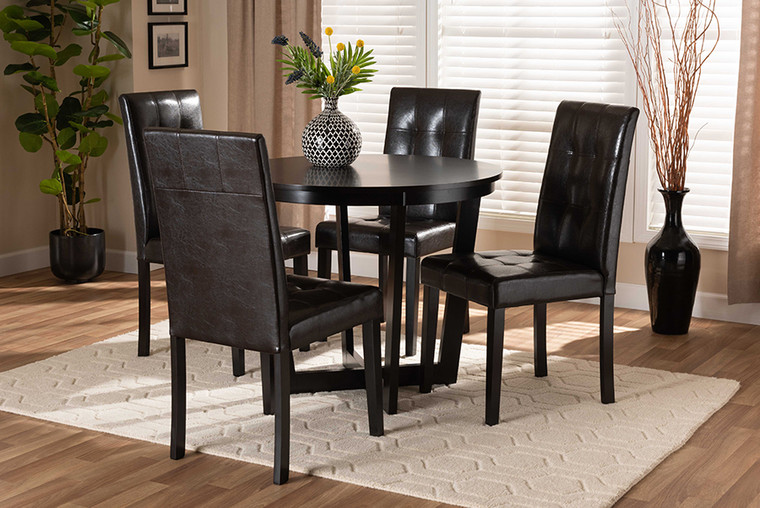 Baxton Studio Vida Modern And Contemporary Dark Brown Faux Leather Upholstered And Dark Brown Finished Wood 5-Piece Dining Set Vida-Dark Brown-5PC Dining Set