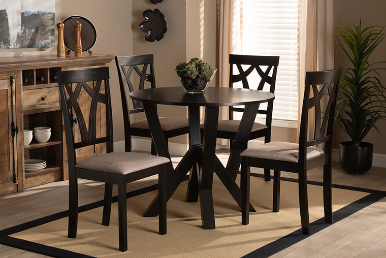 Baxton Studio Reagan Modern And Contemporary Sand Fabric Upholstered And Dark Brown Finished Wood 5-Piece Dining Set Reagan-Dark Brown/Sand-5PC Dining Set