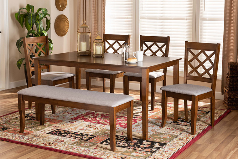 Baxton Studio Andor Modern And Contemporary Grey Fabric Upholstered And Walnut Brown Finished Wood 6-Piece Dining Set RH330C-Grey/Walnut-6PC Dining Set