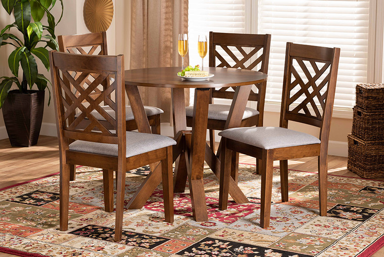 Baxton Studio Elise Modern And Contemporary Grey Fabric Upholstered And Walnut Brown Finished Wood 5-Piece Dining Set Elise-Grey/Walnut-5PC Dining Set