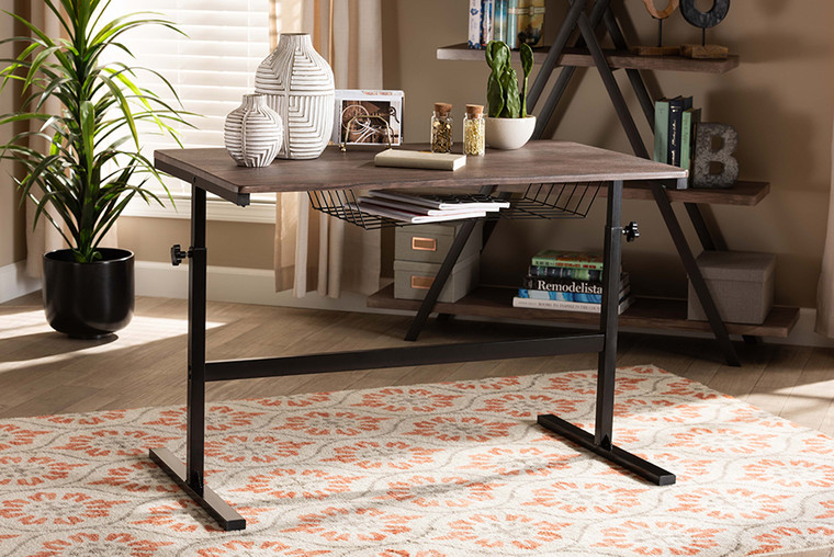 Baxton Studio Anisa Modern And Industrial Walnut Finished Wood And Black Metal Height Adjustable Desk LY-N0747-Desk