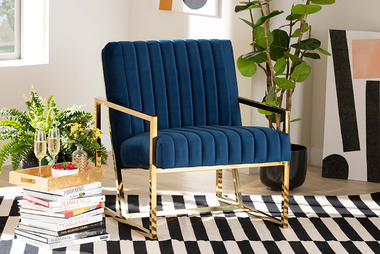 Baxton Studio Janelle Luxe And Glam Royal Blue Velvet Fabric Upholstered And Gold Finished Living Room Accent Chair TSF-7754D-Royal Blue/Gold-CC
