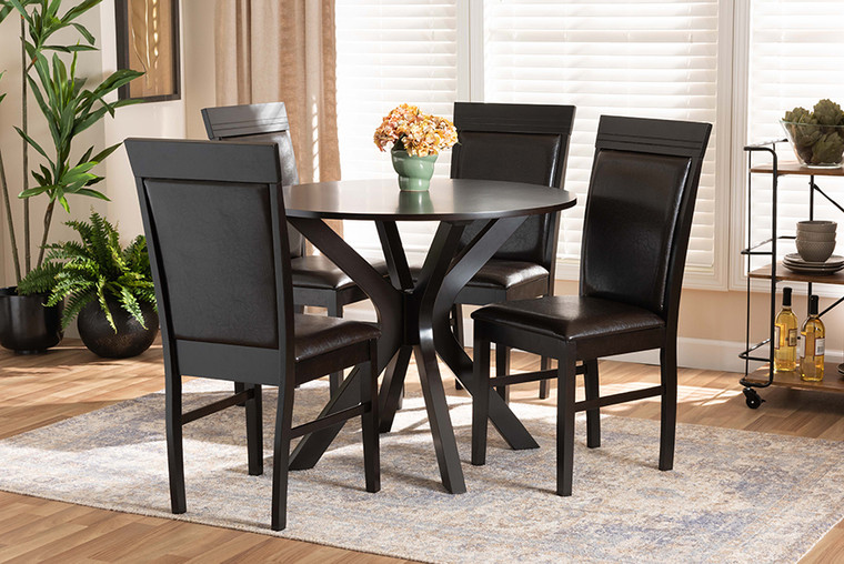 Baxton Studio Jeane Modern And Contemporary Dark Brown Faux Leather Upholstered And Dark Brown Finished Wood 5-Piece Dining Set Jeane-Dark Brown-5PC Dining Set
