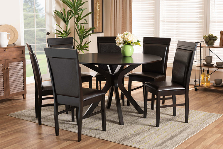 Baxton Studio Jeane Modern And Contemporary Dark Brown Faux Leather Upholstered And Dark Brown Finished Wood 7-Piece Dining Set Jeane-Dark Brown-7PC Dining Set