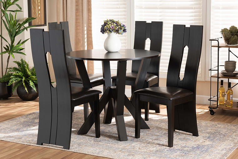 Baxton Studio Senan Modern And Contemporary Dark Brown Faux Leather Upholstered And Dark Brown Finished Wood 5-Piece Dining Set Senan-Dark Brown-5PC Dining Set