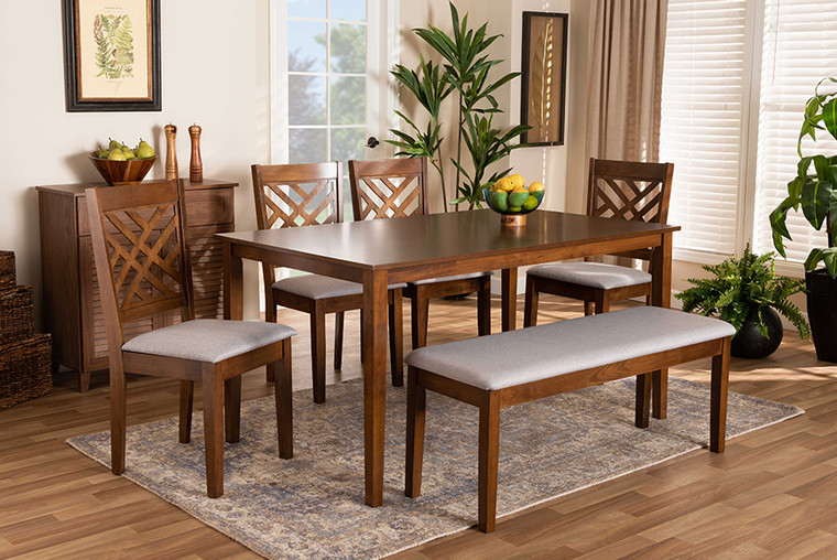 Baxton Studio Gustavo Modern And Contemporary Grey Fabric Upholstered And Walnut Brown Finished Wood 6-Piece Dining Set RH317C-Grey/Walnut-6PC Dining Set