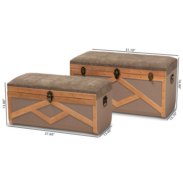 Baxton Studio Kala Modern And Contemporary Transitional Brown Fabric Upholstered And Walnut Finished Wood 2-Piece Storage Ottoman Trunk Set JY19B381-2PC Trunk Set