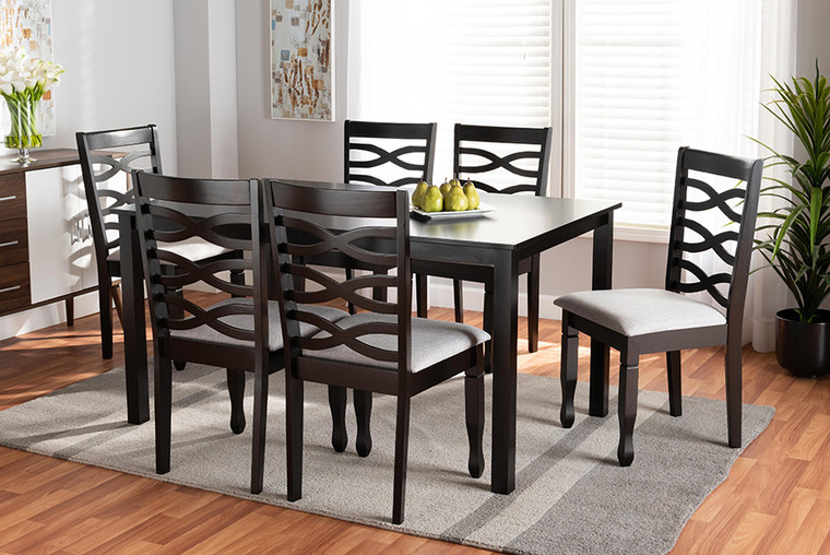 Baxton Studio Lanier Modern And Contemporary Grey Fabric Upholstered And Dark Brown Finished Wood 7-Piece Dining Set RH318C-Grey/Dark Brown-7PC Dining Set