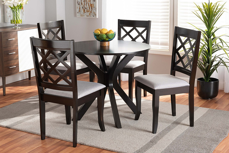Baxton Studio Jana Modern And Contemporary Grey Fabric Upholstered And Dark Brown Finished Wood 5-Piece Dining Set Jana-Grey/Dark Brown-5PC Dining Set