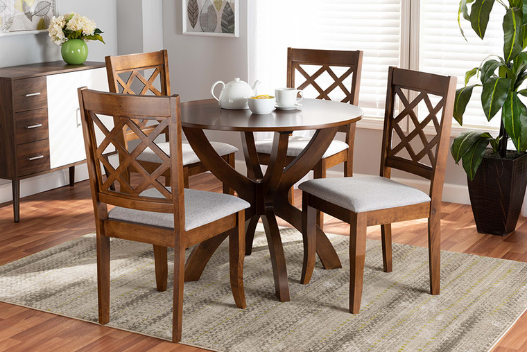 Baxton Studio Beth Modern And Contemporary Grey Fabric Upholstered And Walnut Brown Finished Wood 5-Piece Dining Set Beth-Grey/Walnut-5PC Dining Set