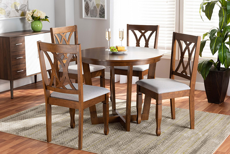 Baxton Studio Aggie Modern And Contemporary Grey Fabric Upholstered And Walnut Brown Finished Wood 5-Piece Dining Set Aggie-Grey/Walnut-5PC Dining Set