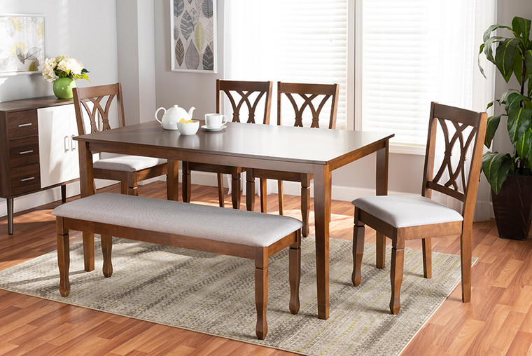 Baxton Studio Reneau Modern And Contemporary Grey Fabric Upholstered And Walnut Brown Finished Wood 6-Piece Dining Set RH316C-Grey/Walnut-6PC Dining Set