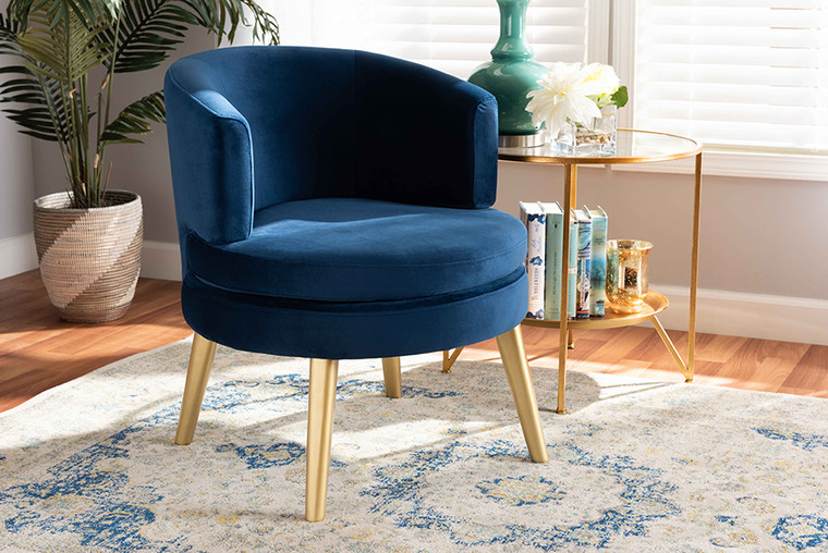 Baxton Studio Baptiste Glam And Luxe Navy Blue Velvet Fabric Upholstered And Gold Finished Wood Accent Chair WS-14056-Navy Blue Velvet/Gold-CC