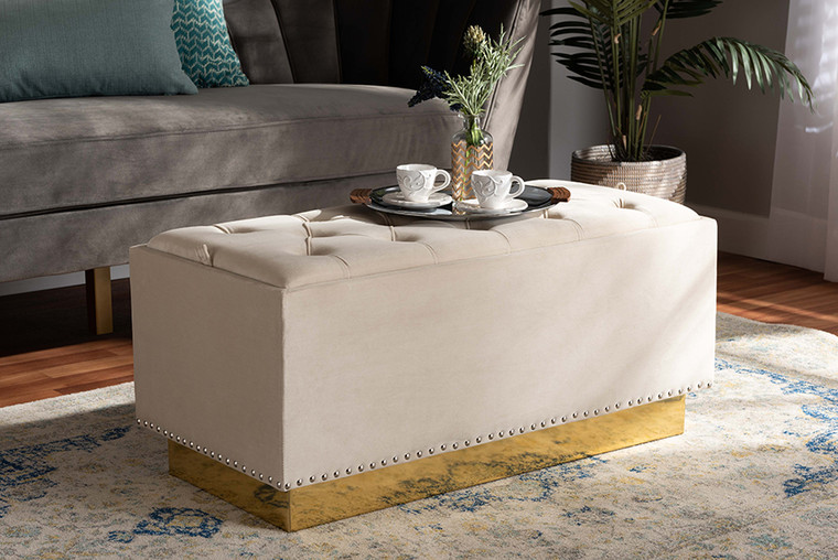 Baxton Studio Powell Glam And Luxe Beige Velvet Fabric Upholstered And Gold Pu Leather Storage Ottoman WS-2019-Beige Velvet/Gold-Otto