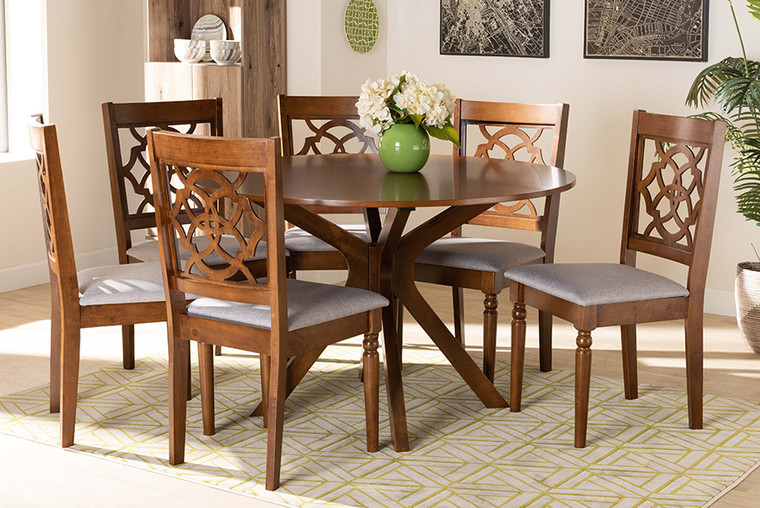 Baxton Studio Sadie Modern And Contemporary Grey Fabric Upholstered And Walnut Brown Finished Wood 7-Piece Dining Set Sadie-Grey/Walnut-7PC Dining Set