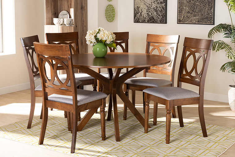 Baxton Studio Jessie Modern And Contemporary Grey Fabric Upholstered And Walnut Brown Finished Wood 7-Piece Dining Set Jessie-Grey/Walnut-7PC Dining Set