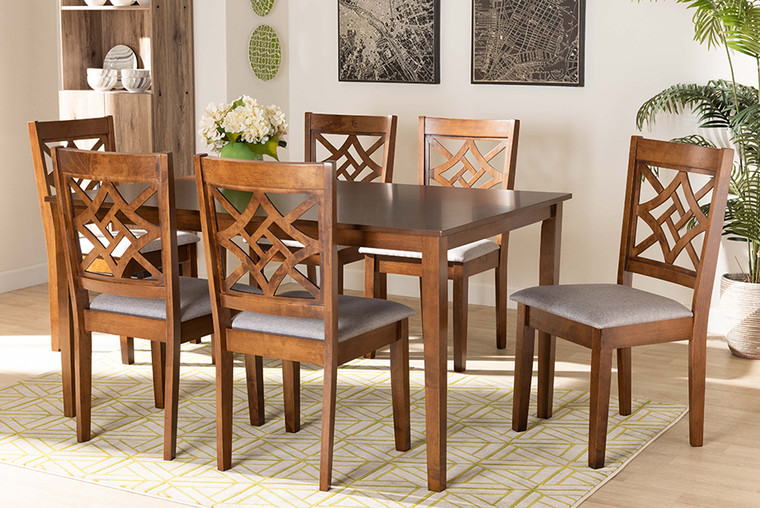 Baxton Studio Nicolette Modern And Contemporary Grey Fabric Upholstered And Walnut Brown Finished Wood 7-Piece Dining Set RH340C-Grey/Walnut-7PC Dining Set