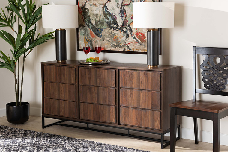 Baxton Studio Neil Modern And Contemporary Walnut Brown Finished Wood And Black Finished Metal 3-Door Dining Room Sideboard Buffet MPC8009-Walnut-Sideboard