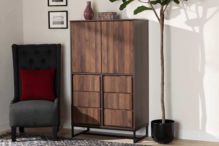 Baxton Studio Neil Modern And Contemporary Walnut Brown Finished Wood And Black Finished Metal Multipurpose Storage Cabinet MPC8010-Walnut-Cabinet