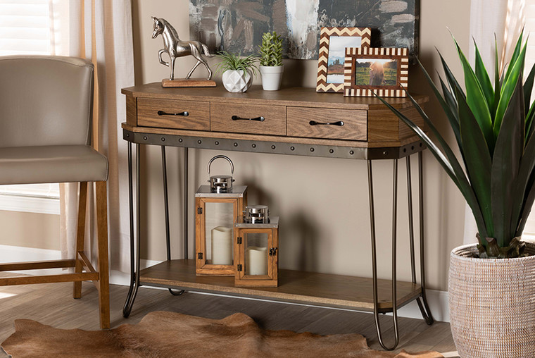 Baxton Studio Kellyn Vintage Rustic Industrial Oak Brown Finished Wood And Black Finished Metal 3-Drawer Console Table JY20A066-Oak-Console