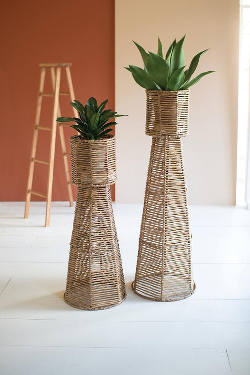 Set Of Two Seagrass And Iron Planter Towers A6306 By Kalalou